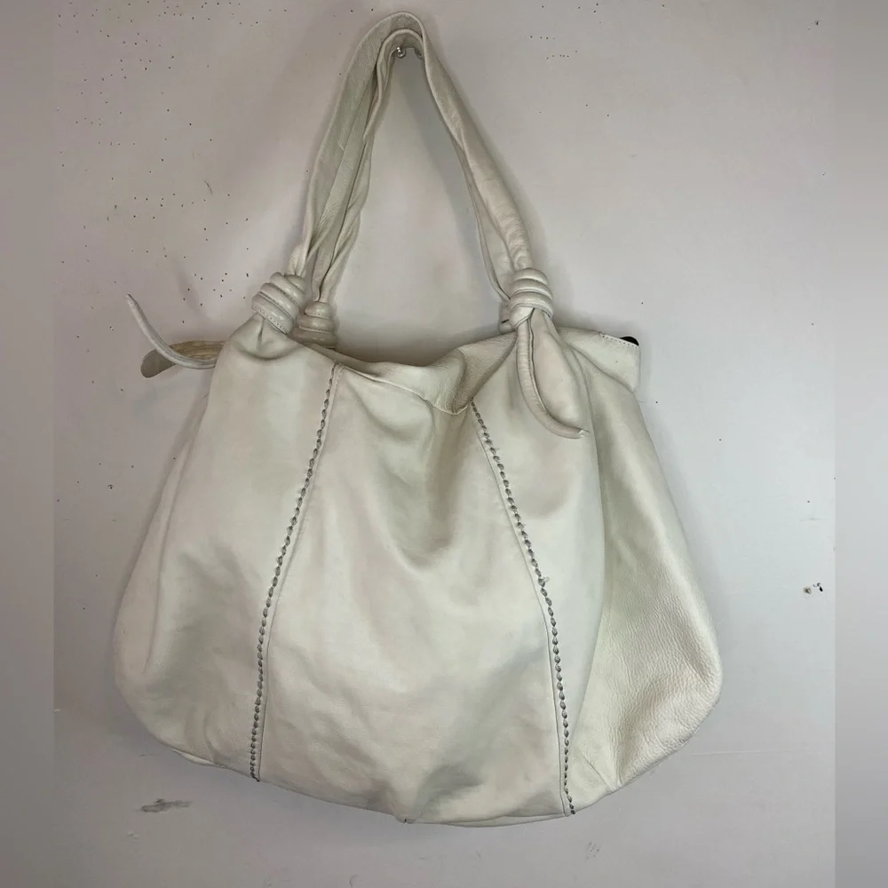 Plinio Visona Italy Cream Leather Knotted Hobo Tote Bag Zip Top OS